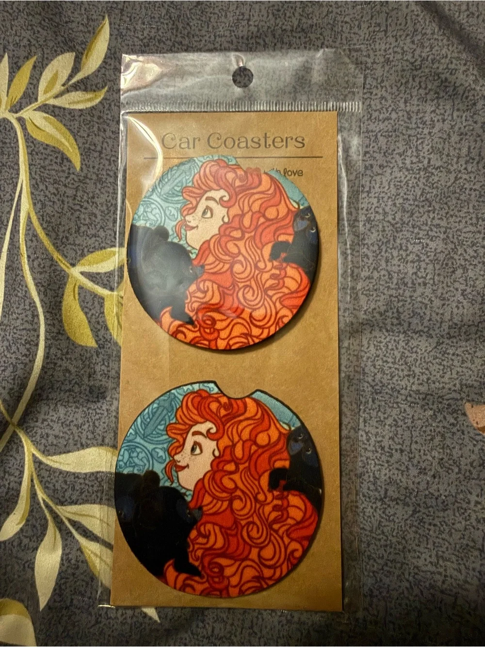 Decorative Car Coasters with Vibrant Red-Orange Curly Hair Design Disney Brave.